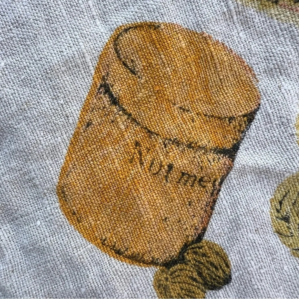 VTG Fall Harvest Linen Tablecloth Fruits Vegetables Nutmeg Spices Pumpkins 45x48